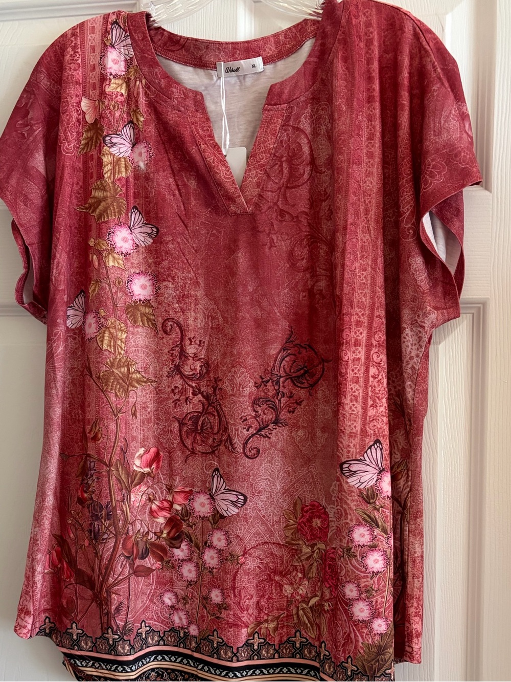 Wiholl Pinkish Floral V-Neck Tunic with Butterfly Motif and Cap Sleeves New!